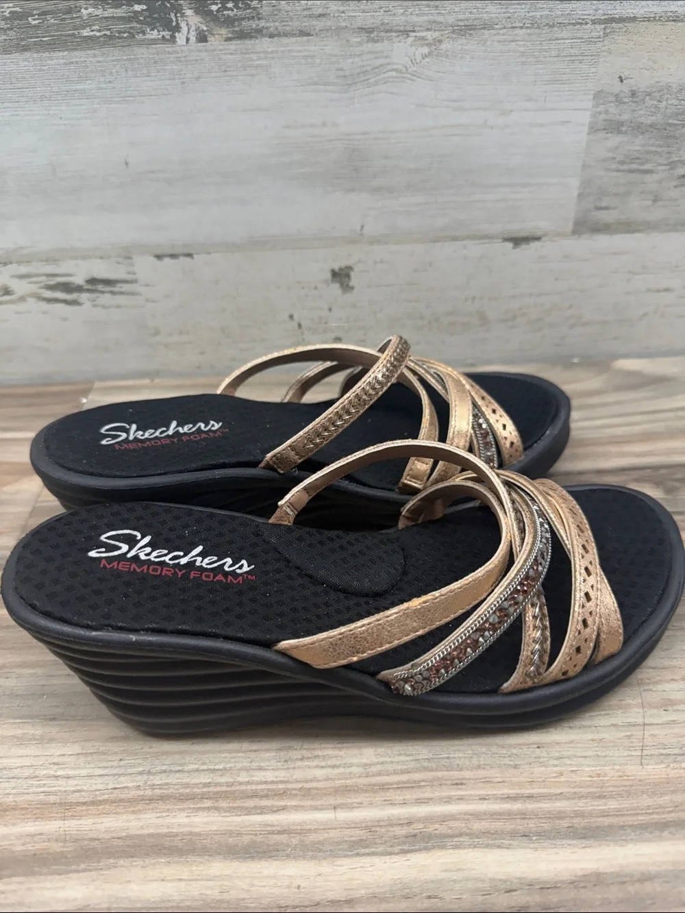 Skechers Rumblers Wave Rose Gold Wedge Sandals Rhinestone Strappy Womens 8